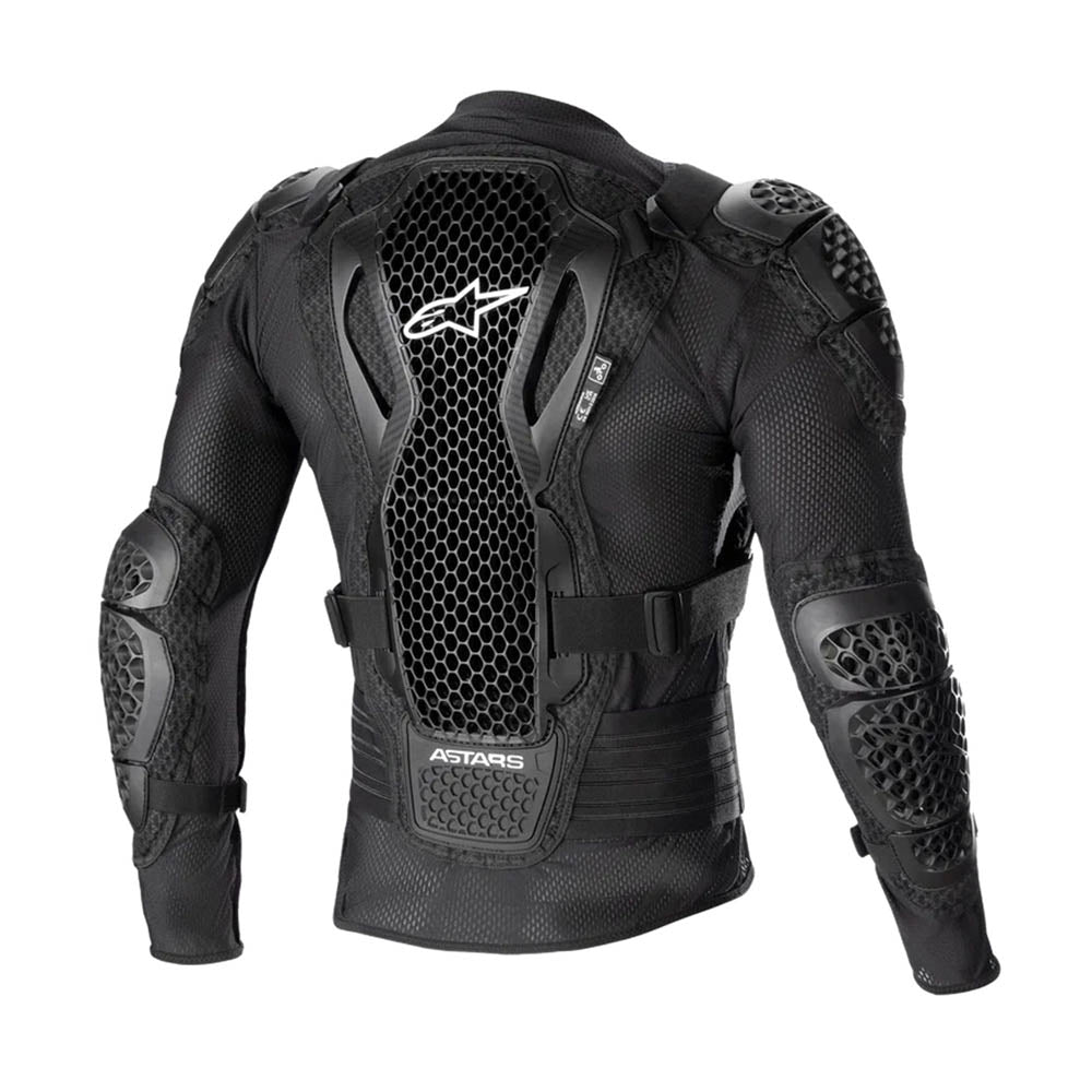 Black motorcycle protection jacket with hex mesh chest panel and armored sleeves