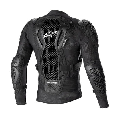 Black motorcycle protection jacket with hex mesh chest panel and armored sleeves