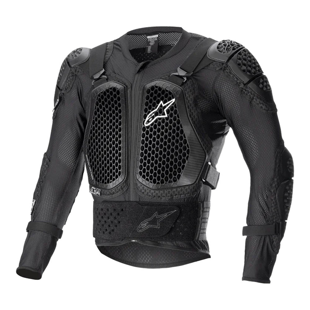 Black armored motorcycle jacket with front hex mesh panels and chest protection