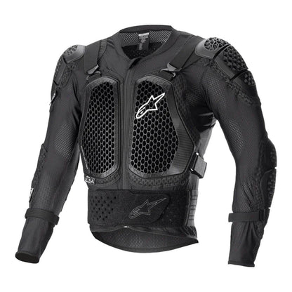 Black armored motorcycle jacket with front hex mesh panels and chest protection