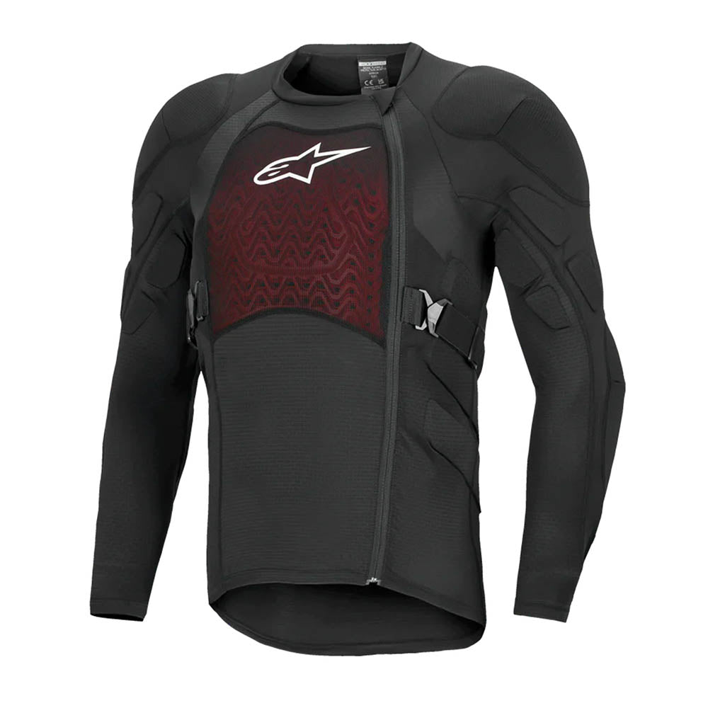 Black long-sleeve protection jacket with red mesh panel and Alpinestars logo