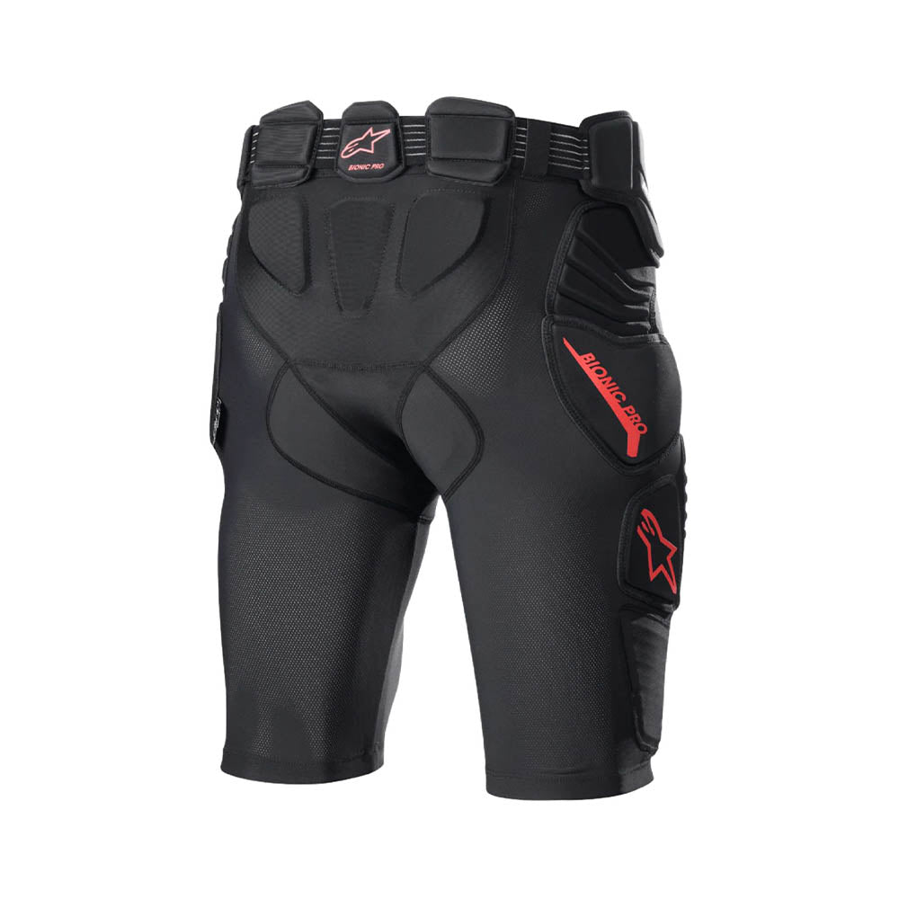 Black padded protection shorts with armored panels and red logo accents