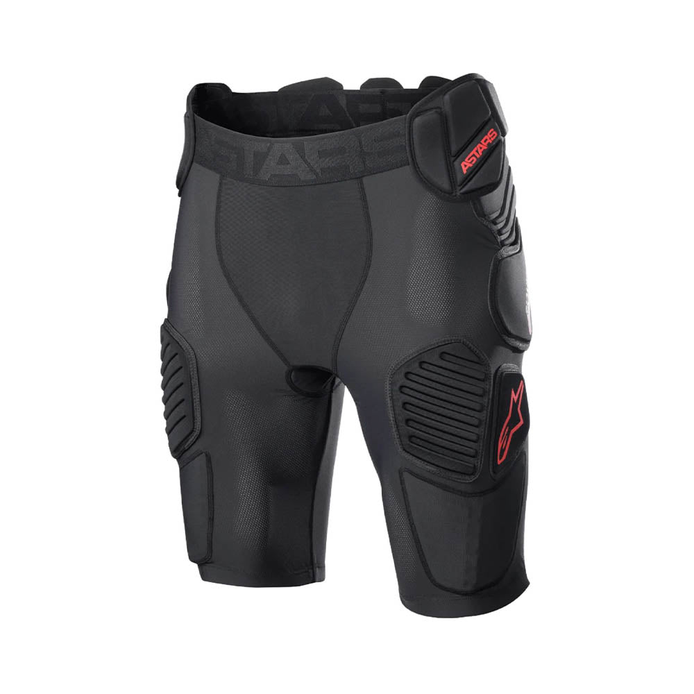 Black armored motorcycle-style shorts with knee guards and red side branding