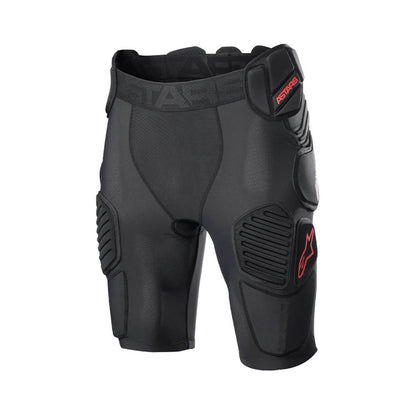 Black armored motorcycle-style shorts with knee guards and red side branding