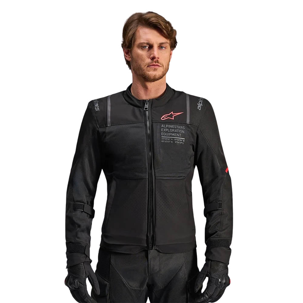 Black Alpinestars air jacket, front zip and chest pockets, red logo accents