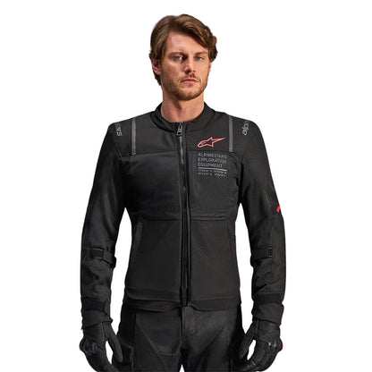 Black Alpinestars air jacket, front zip and chest pockets, red logo accents