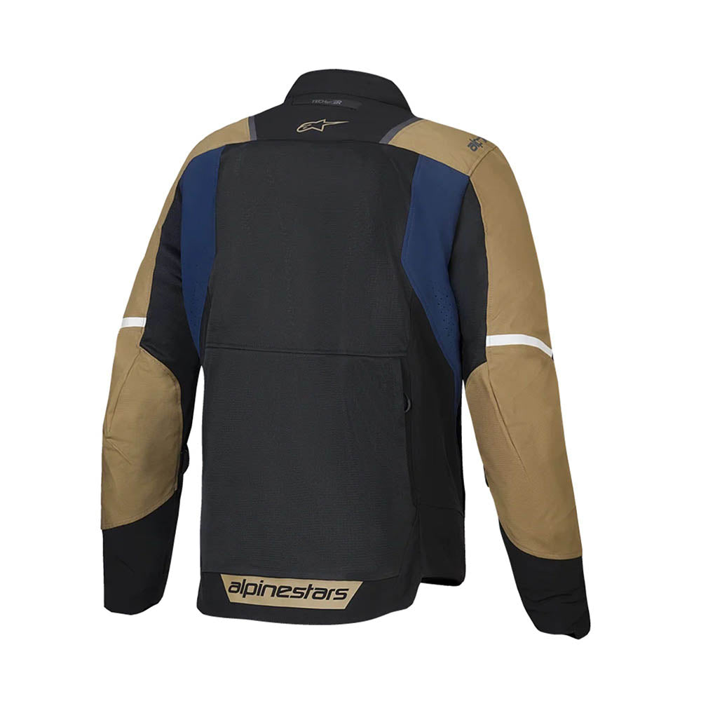 Alpinestars air jacket back view, stand collar full-zip; black with deep blue and khaki panels