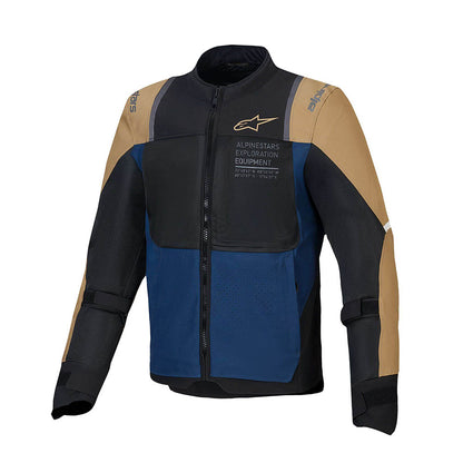 Alpinestars air jacket with stand collar and full-zip front; deep blue, black, khaki panels