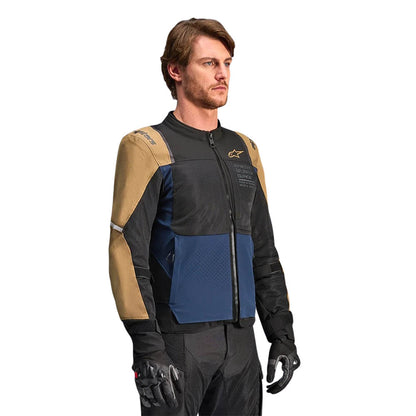 Color-block air jacket with full-zip front in deep blue, dark khaki, and black