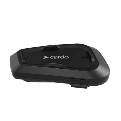 Black CARDO Spirit HD charging dock, top view with control icons