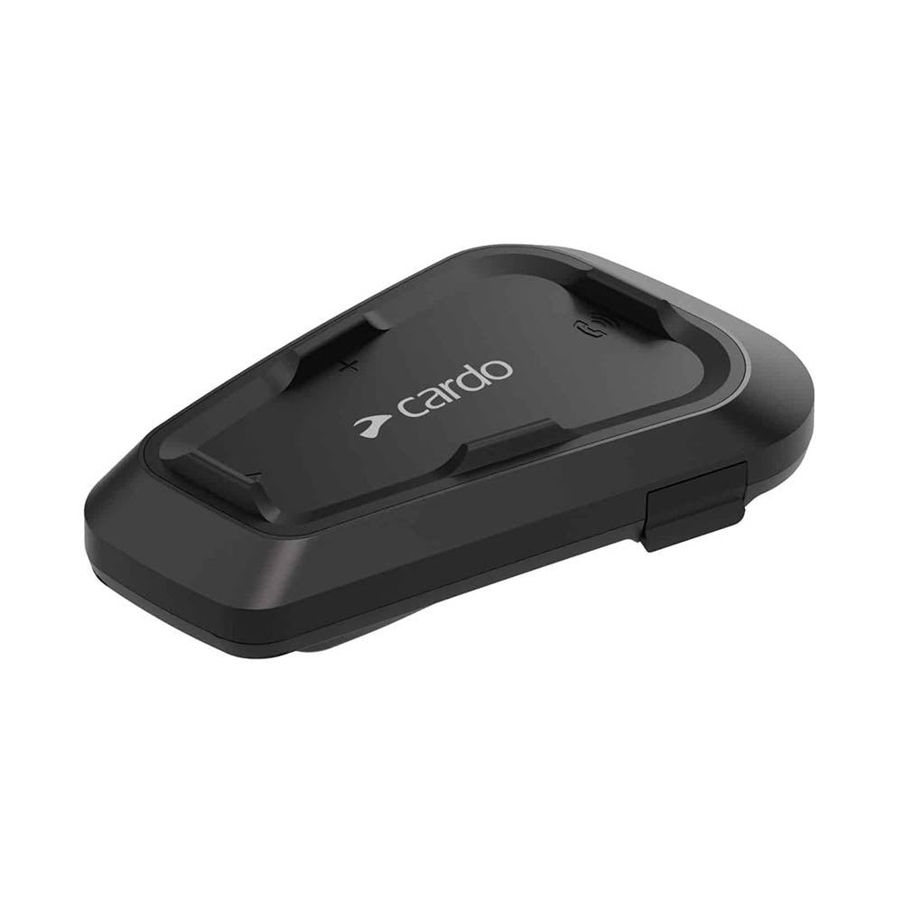 Black CARDO Spirit HD charging dock with open lid and side latch