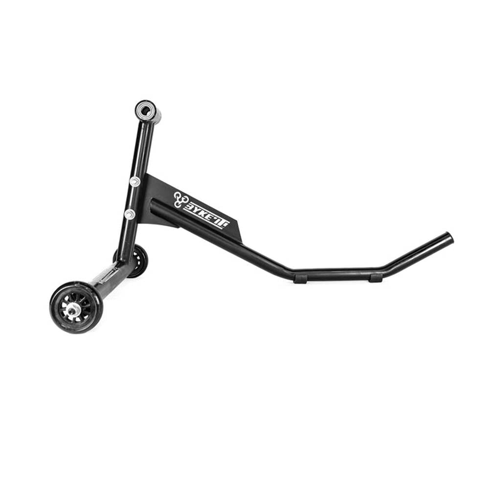 Black single-sided paddock stand with two support wheels and curved lifting arm