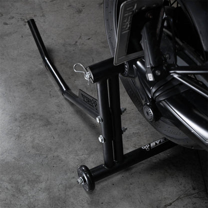Black paddock stand base frame with mounting bolts and side lifting arm
