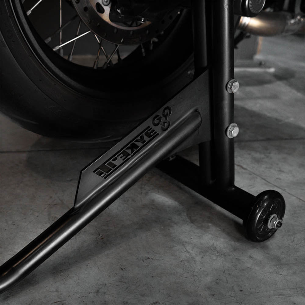 Black paddock stand side beam with engraved Byke'it logo and bolt fasteners
