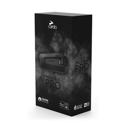 CARDO Packtalk Pro intercom retail box, black with green LED and feature icons