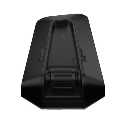 Black intercom mount view with internal contacts and green status light