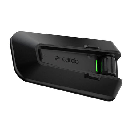 Black intercom docking base with green LED and contact ports, front close-up