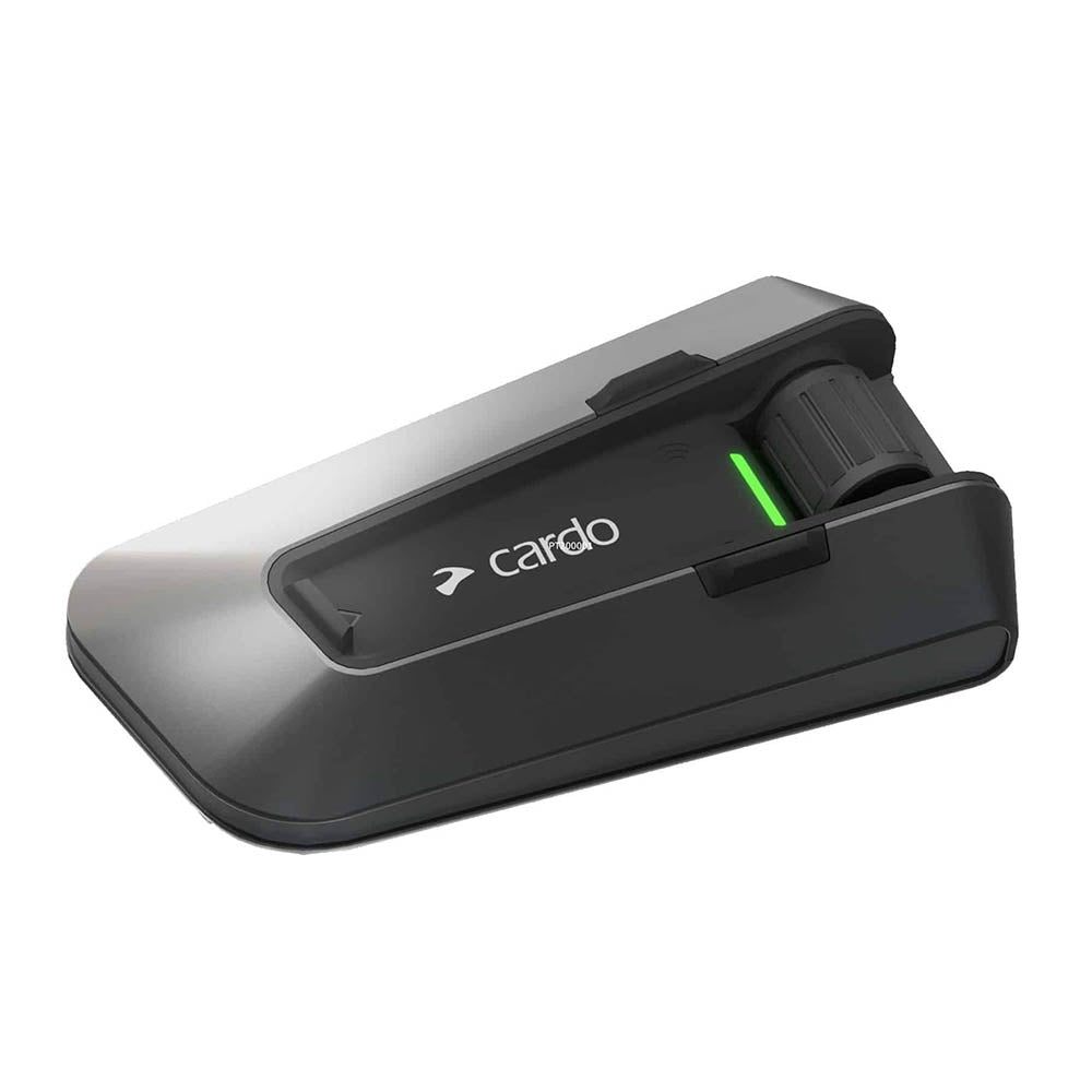 Black Cardo intercom base unit from side with green status light