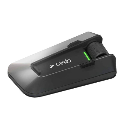Black Cardo intercom base unit from side with green status light