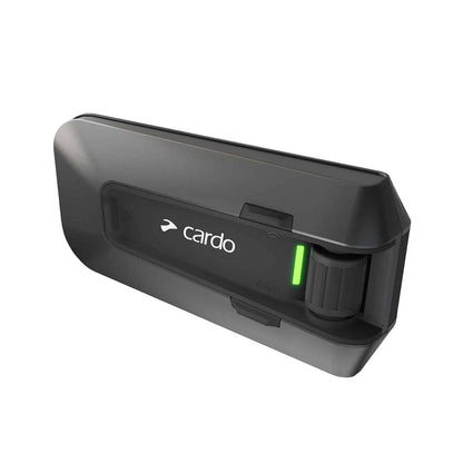 Black Cardo intercom base unit angled view with green status light