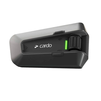 Black Cardo intercom base unit with green status light and mount