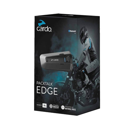 Cardo PACKTALK EDGE intercom retail box with headset and Bluetooth icons