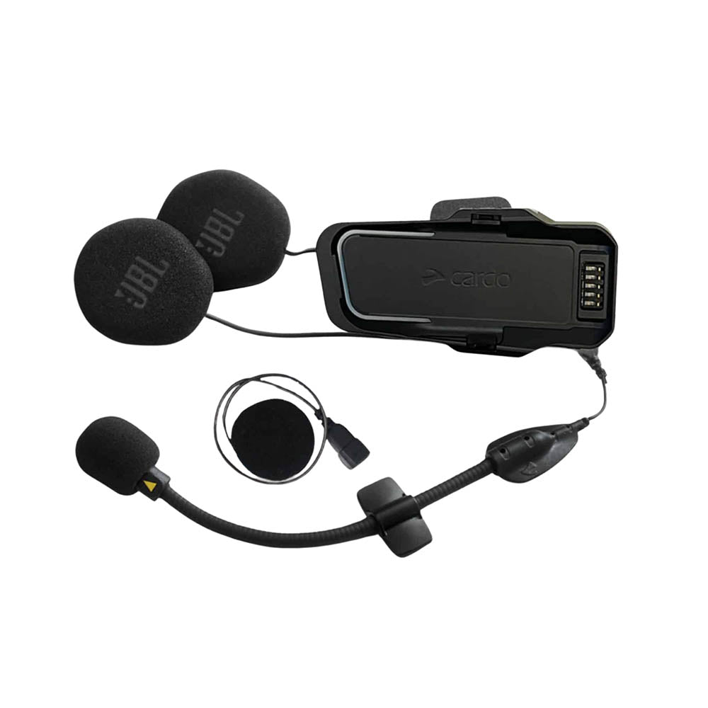 Black motorcycle helmet intercom kit with control unit, speakers, and boom microphone