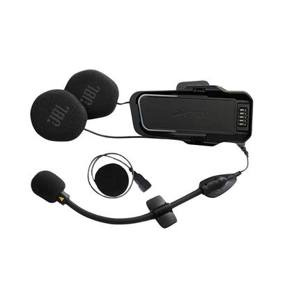 Black motorcycle helmet intercom kit with control unit, speakers, and boom microphone