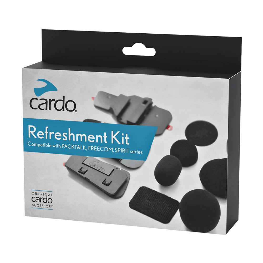 Black motorcycle intercom refreshment kit box with pads, glue plates, and foam pieces
