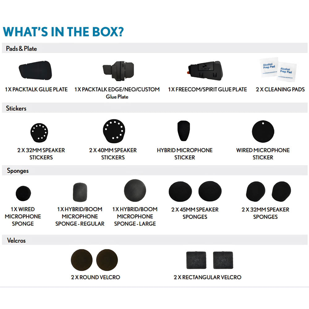 Helmet intercom refreshment kit contents: speakers, microphones, glue plate, velcro