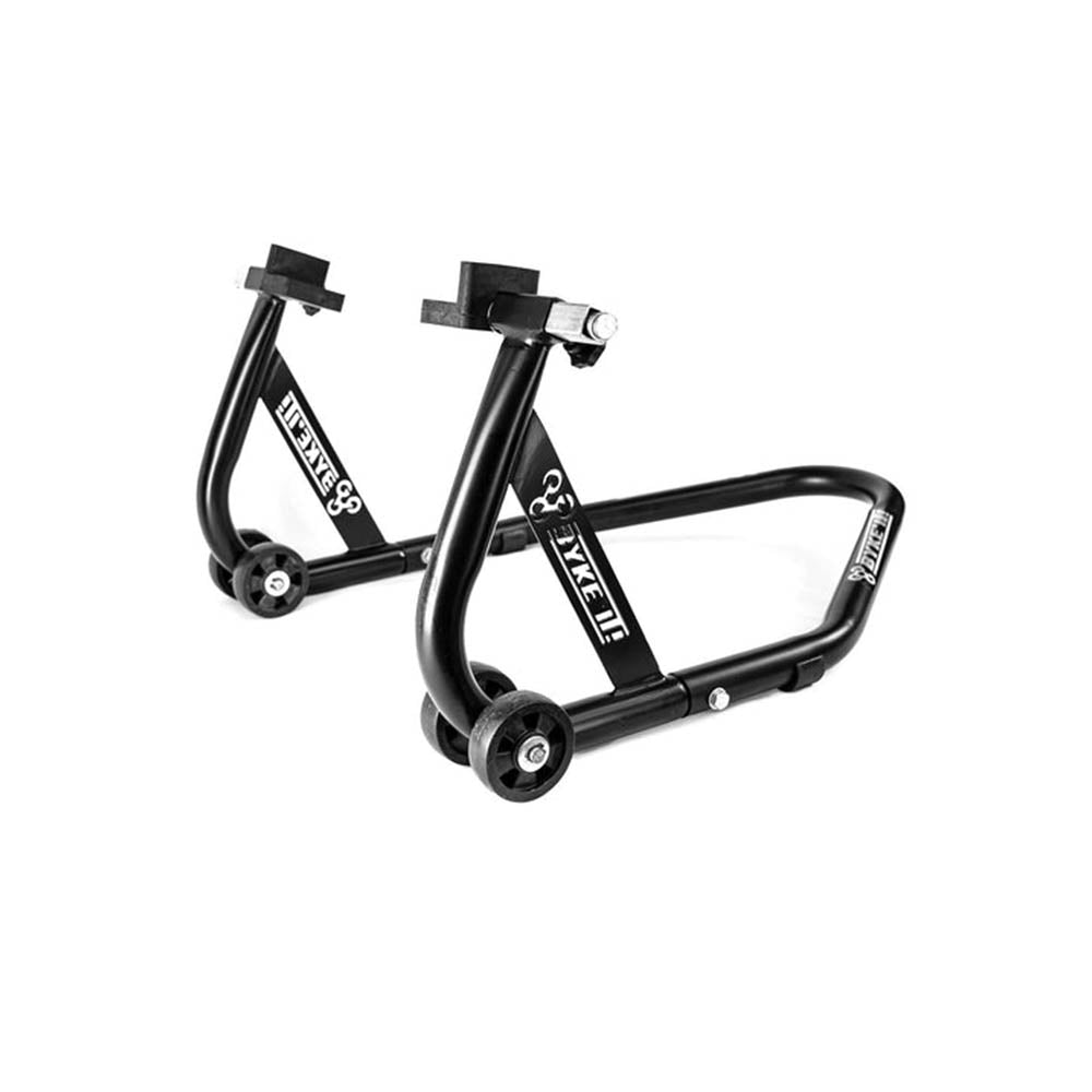 Black rear paddock motorcycle stand with two support pads and caster wheels
