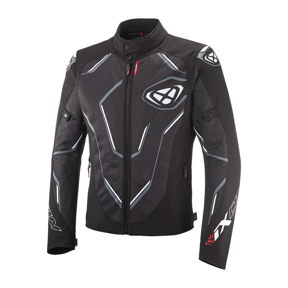 All-weather motorcycle riding jacket, black with white front armor graphic and zip.