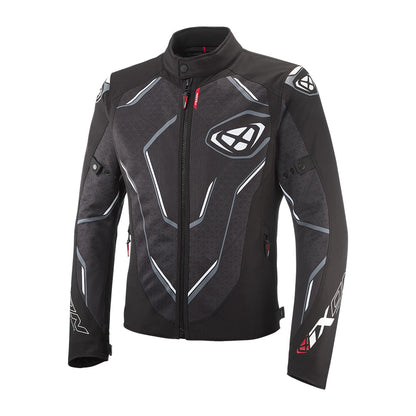 All-weather motorcycle riding jacket, black with white front armor graphic and zip.