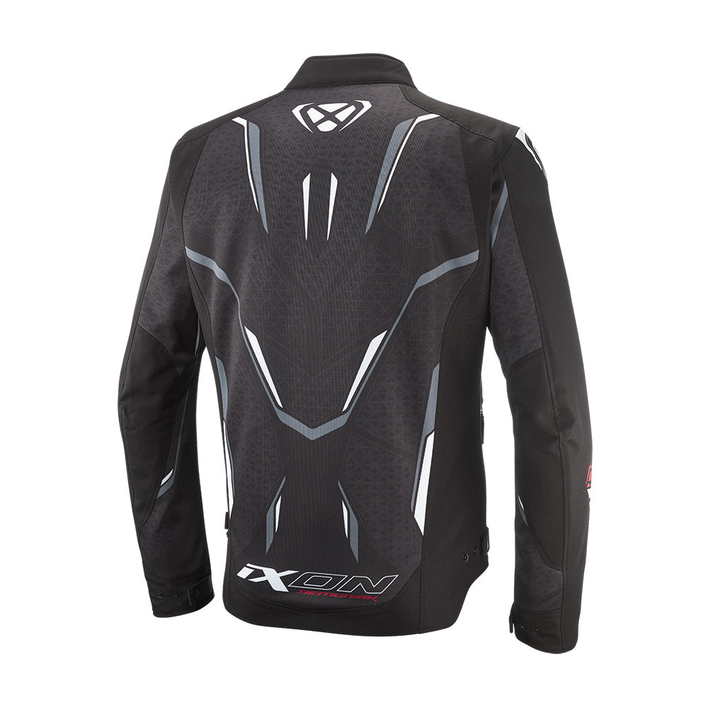 All-weather motorcycle jacket, black with white back armor graphic panels.