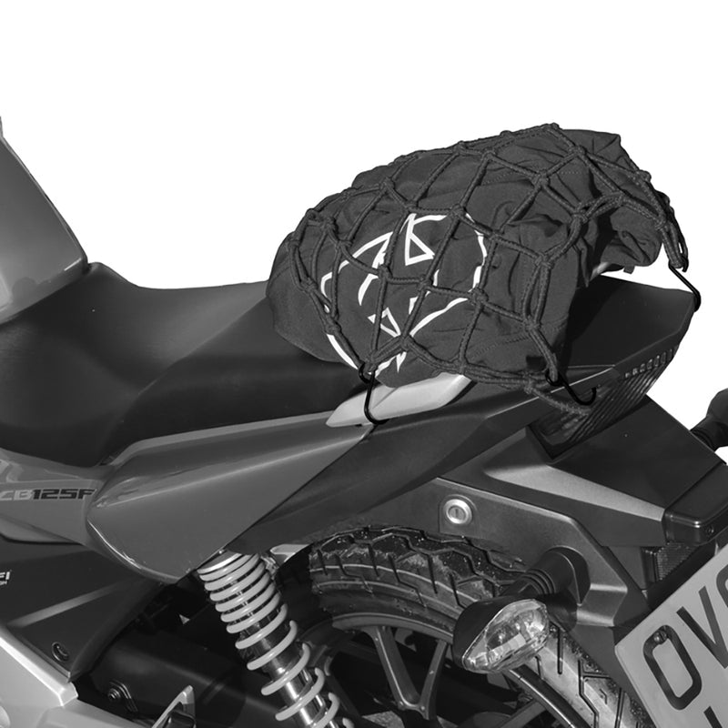 Black reflective luggage net secured on motorcycle seat and rear rack