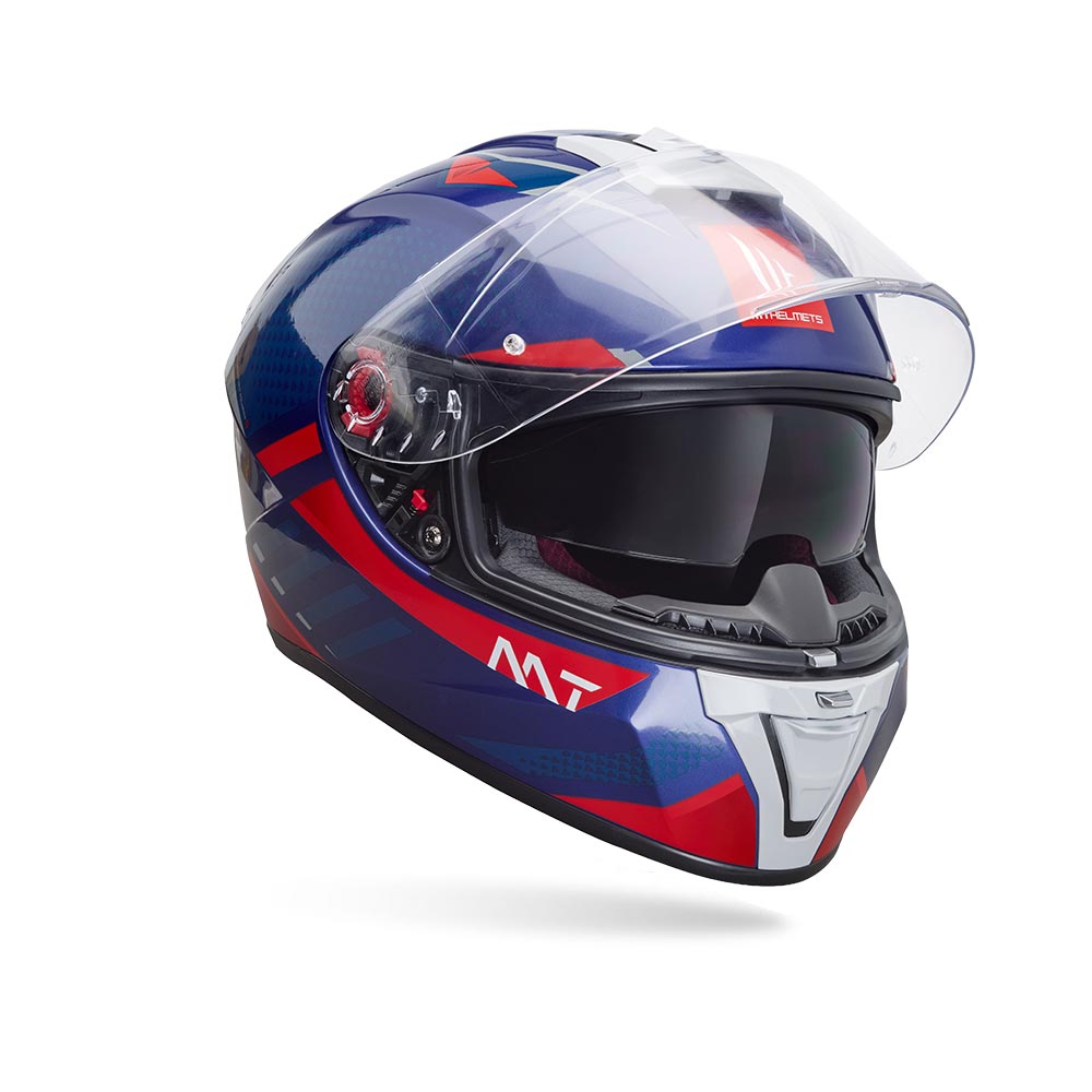 Glossy blue motorcycle helmet with clear full-face visor and red/white side graphics