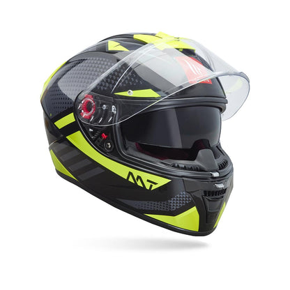 Motorcycle helmet with clear visor, neon yellow/black graphics, red accents
