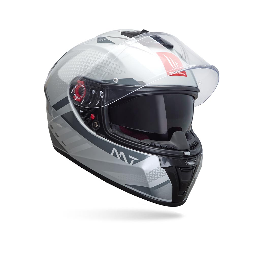 Motorcycle helmet, gray-white shell with black side fairing and dark visor