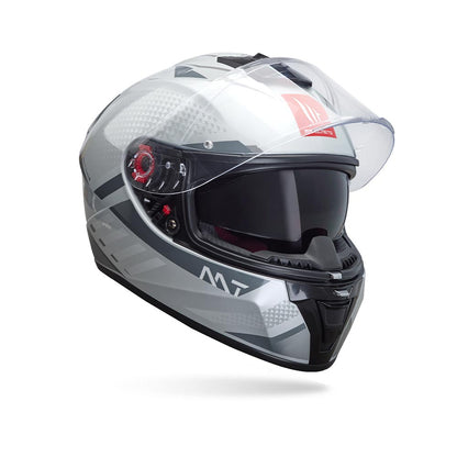 Motorcycle helmet, gray-white shell with black side fairing and dark visor