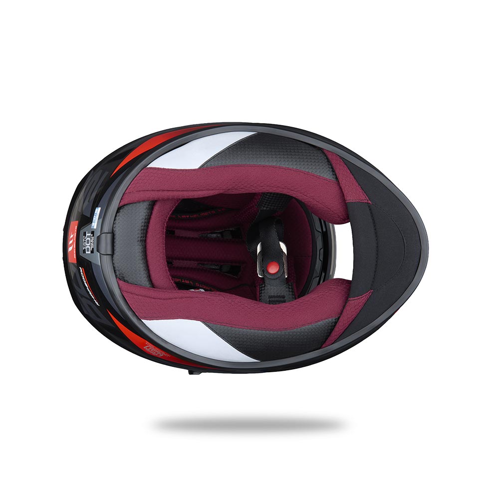 Full-face motorcycle helmet interior view, maroon lining with black and red shell