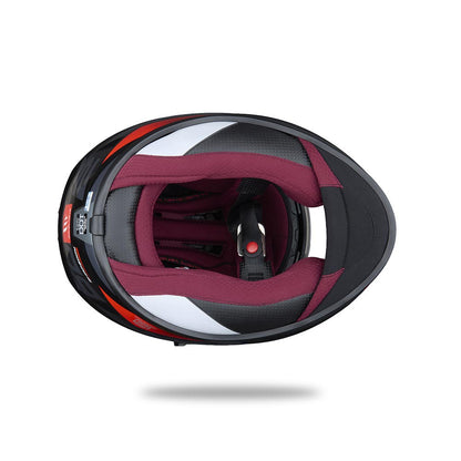 Full-face motorcycle helmet interior view, maroon lining with black and red shell