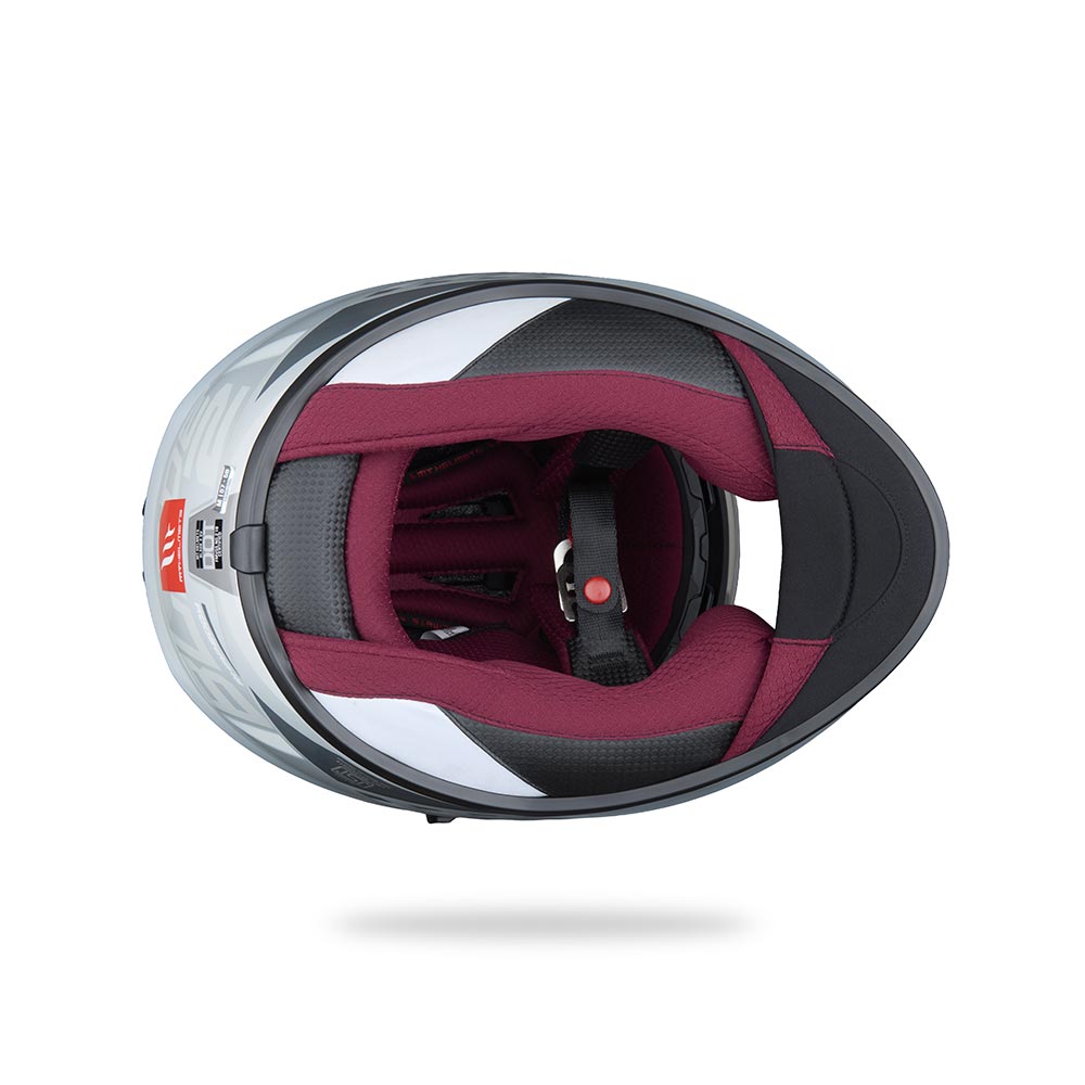 Helmet interior liner in maroon with gray padding and open face shield