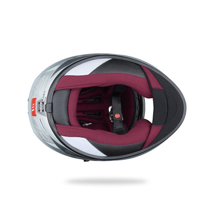 Helmet interior liner in maroon with gray padding and open face shield