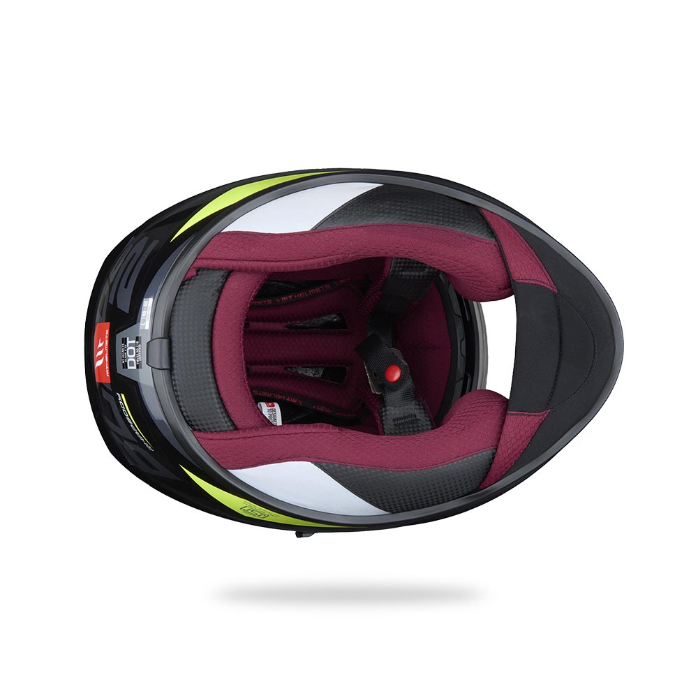 Motorcycle helmet interior view with dark lining and maroon cheek pads