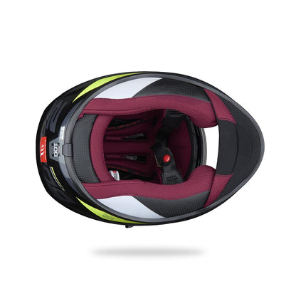Motorcycle helmet interior view with dark lining and maroon cheek pads