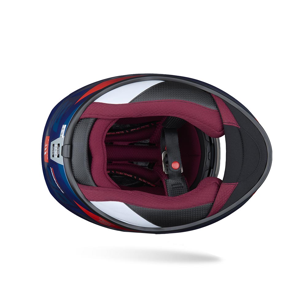 Motorcycle helmet interior with burgundy lining and padded chin area
