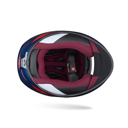 Motorcycle helmet interior with burgundy lining and padded chin area