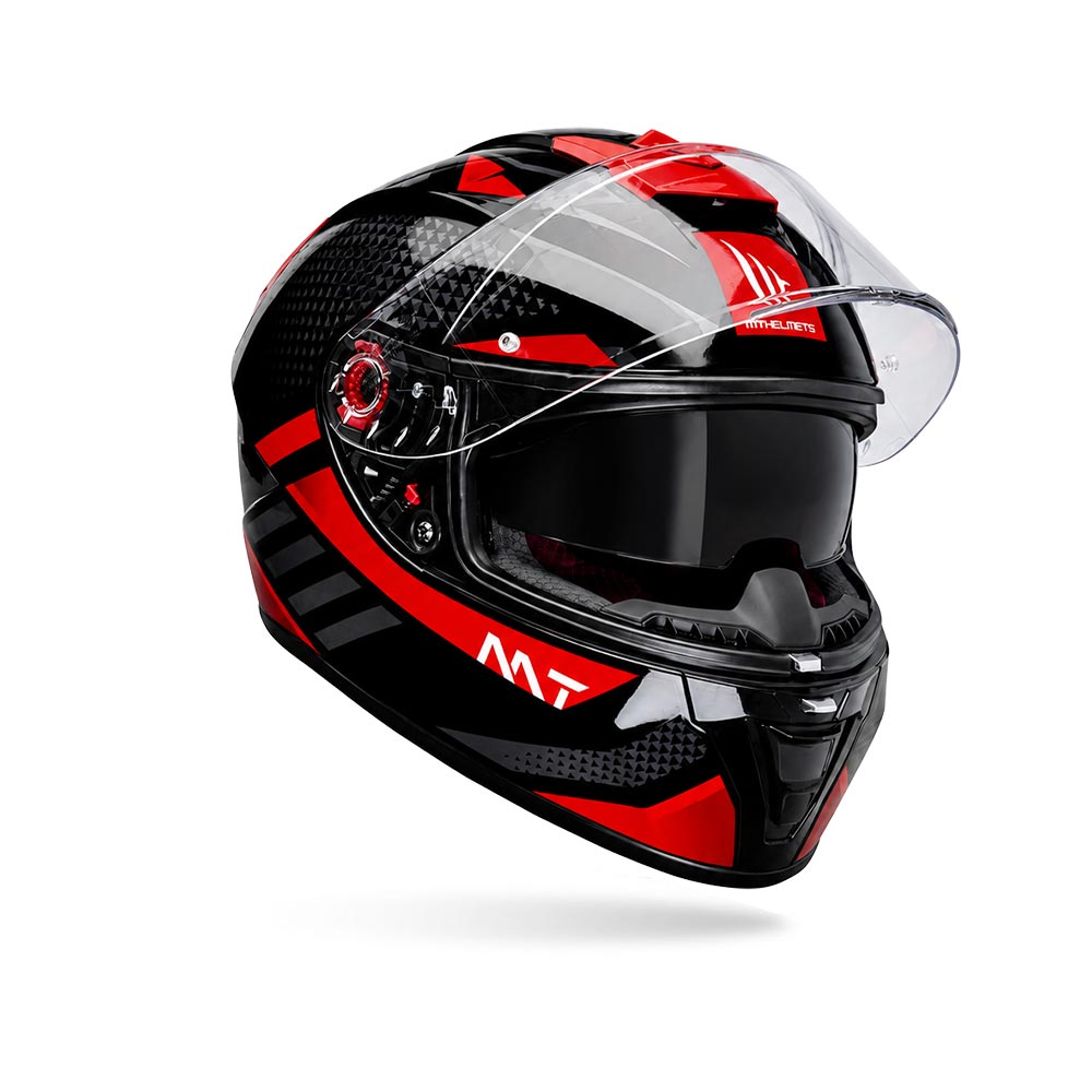 Full-face motorcycle helmet, glossy black with red stripes and tinted sun shield
