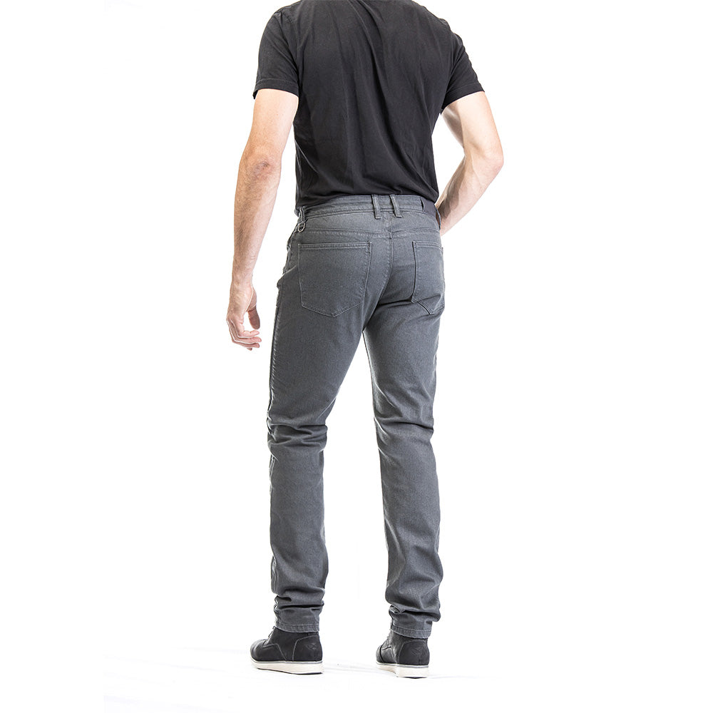Motorcycle riding jeans, dark anthracite wash, back view, straight-to-tapered leg seams