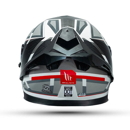 Gloss motorcycle helmet rear-top view with vents, white/black graphics and red stripe.